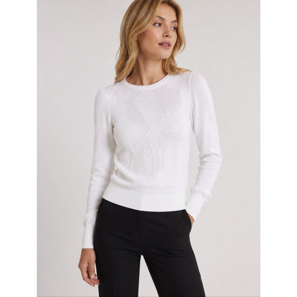 Reiss Bonita Off White Woven Jacquard Texture Knit Puff Shoulder Chic Sweater